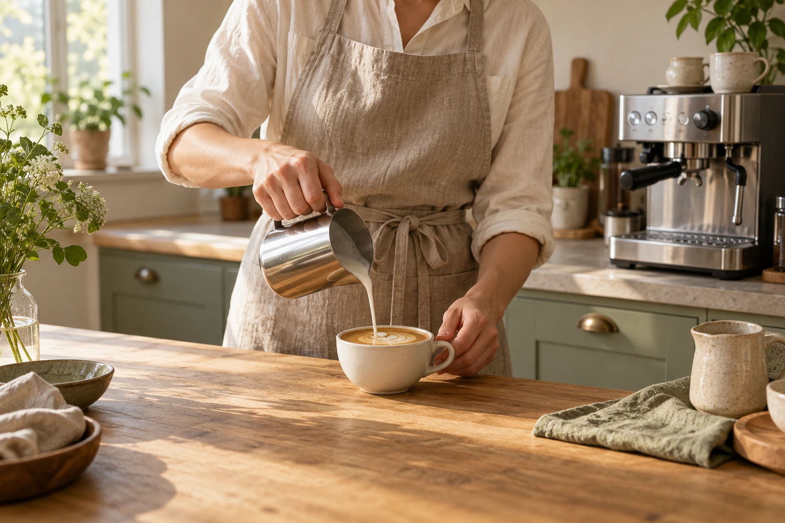 Cappuccino med mælkeskum i en keramikkop