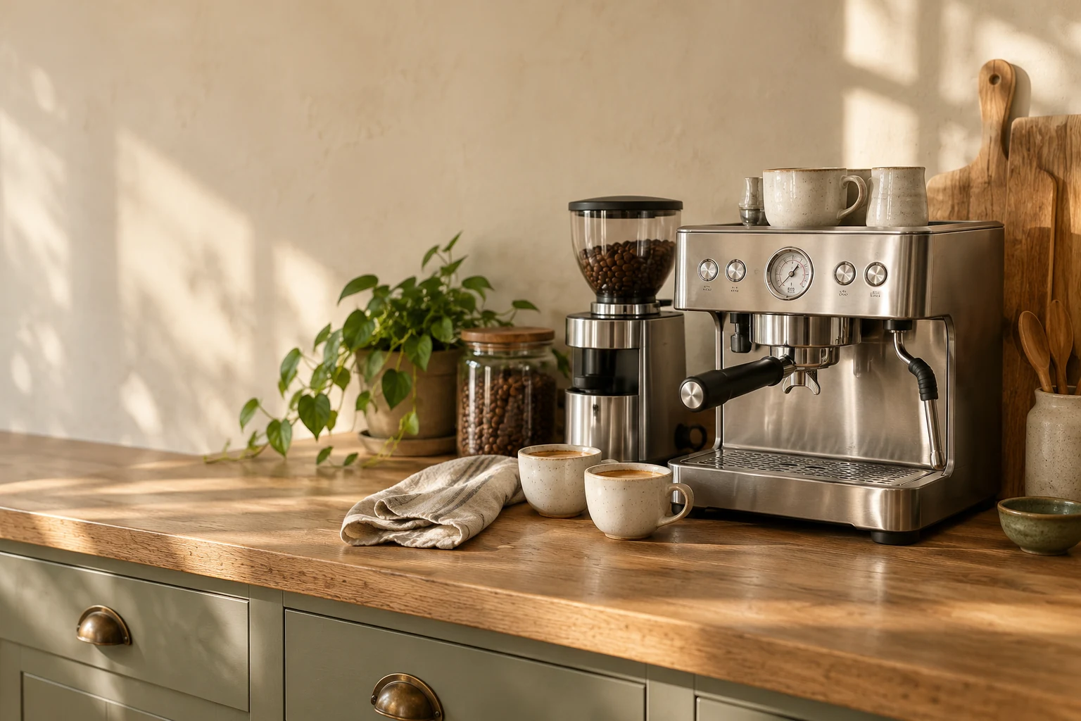Espressomaskine og kaffekværn på et træbord i et solbeskinnet køkken