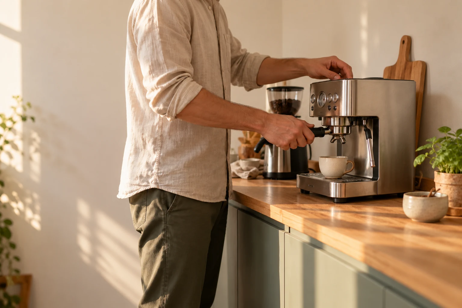 Espresso tilberedes på en kaffemaskine i et lyst køkken